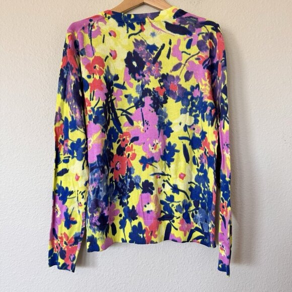 LOFT Womens Floral Cotton Sweater Cardigan V Neck Yellow Pink Petite Size LP - Picture 2 of 7